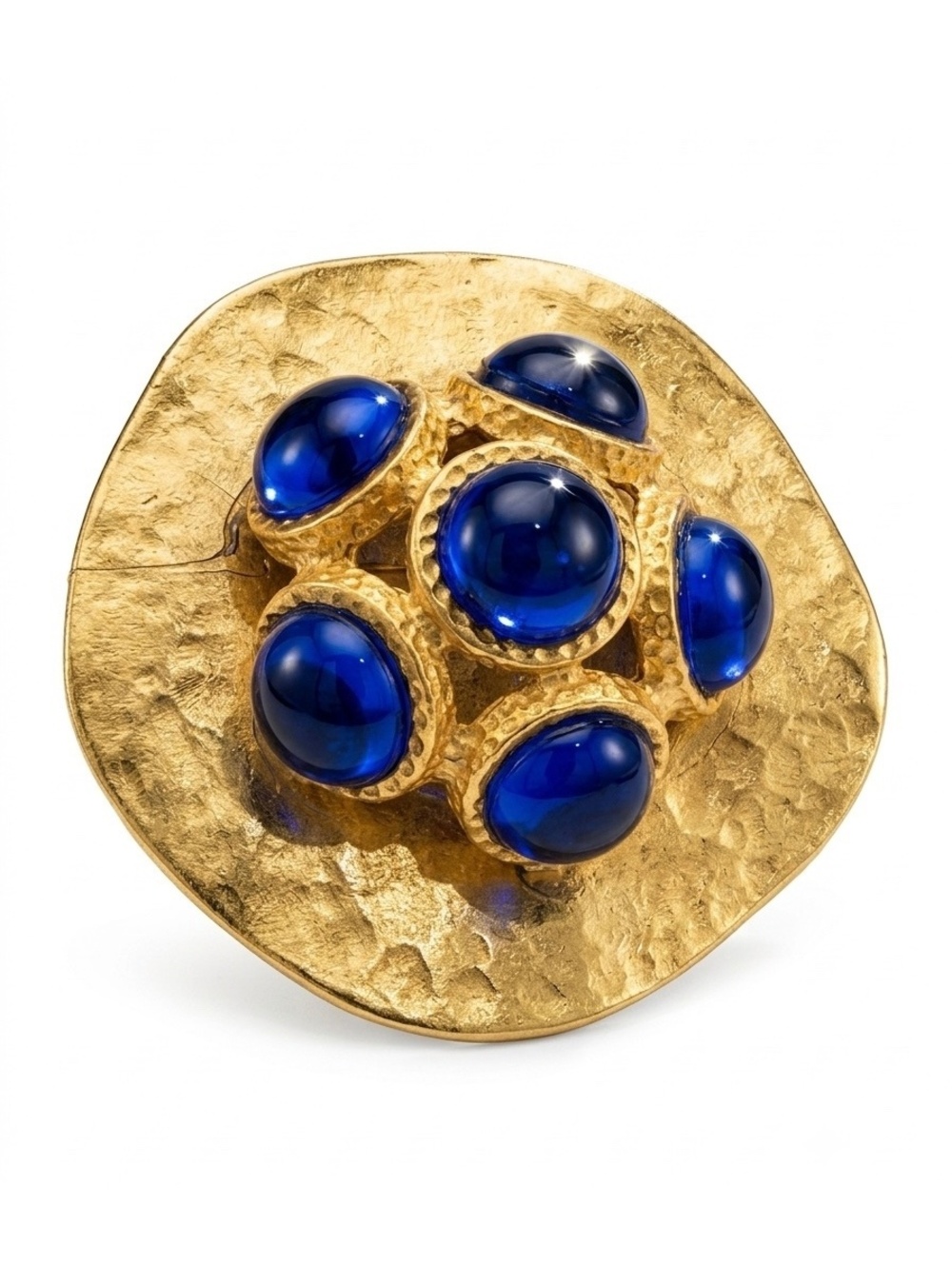 Artisan Gold Tone Statement Ring w/ Blue Cabochon Stones and Vintage Components